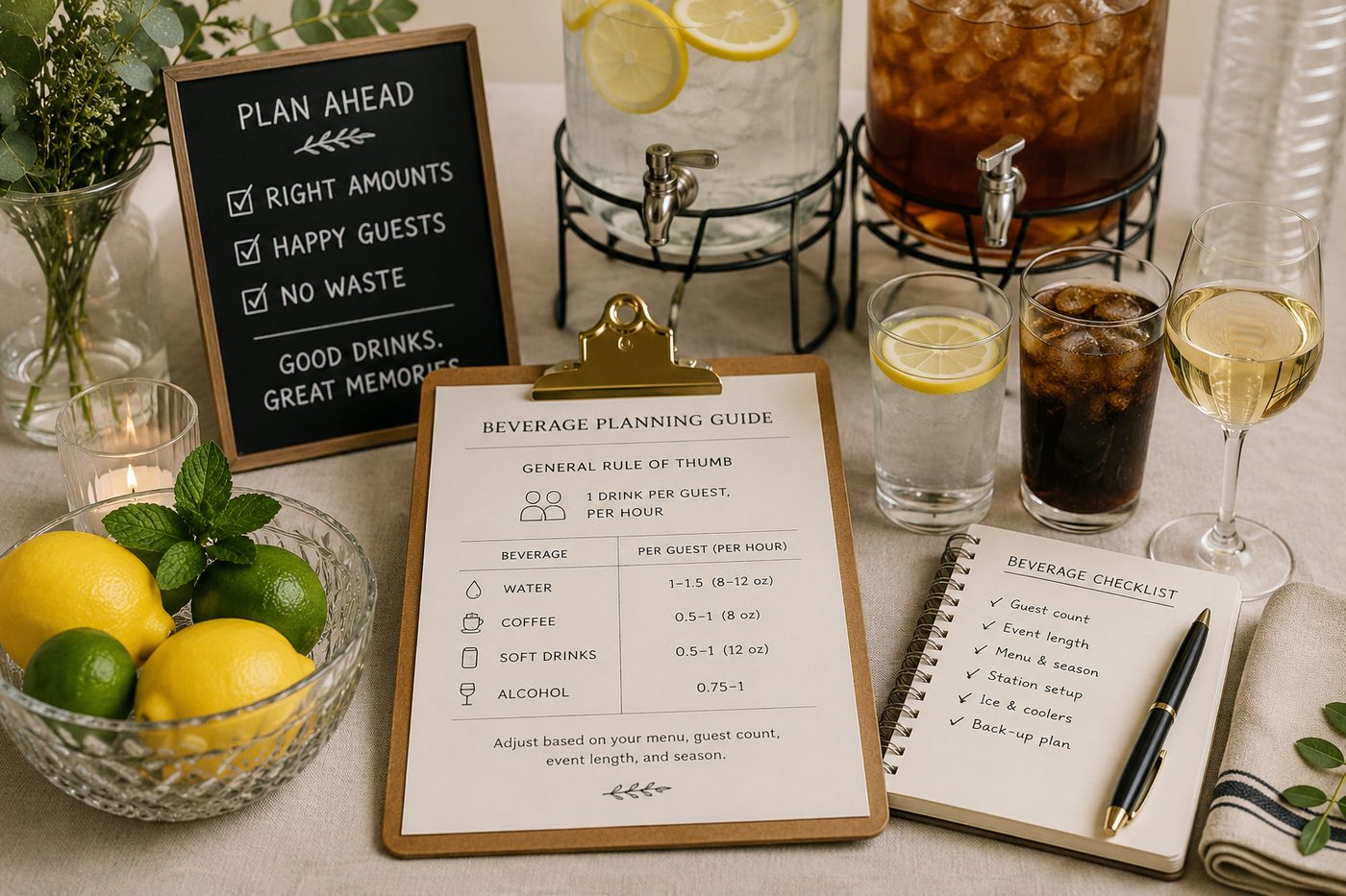 A beverage station with dispensers, a printed beverage planning guide, and a service checklist