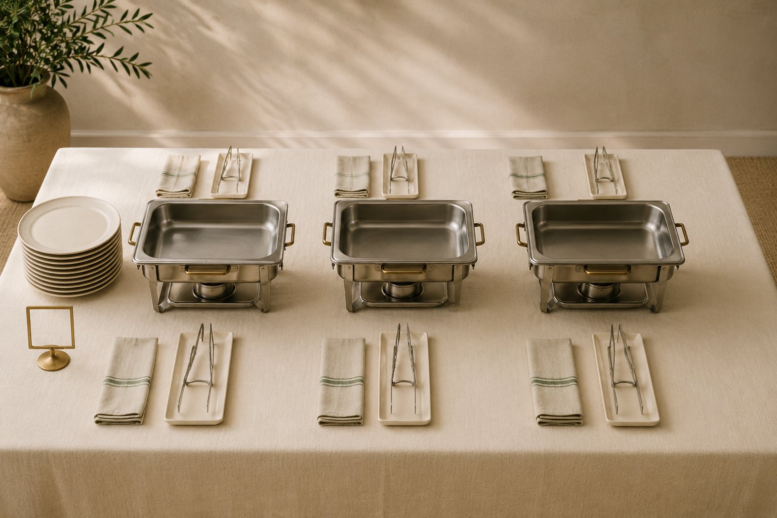 An empty buffet line set for service: a stack of plates at the head, then three chafers in a row, each with a napkin and tongs on a rest at the front and back, and a blank brass sign holder at the start