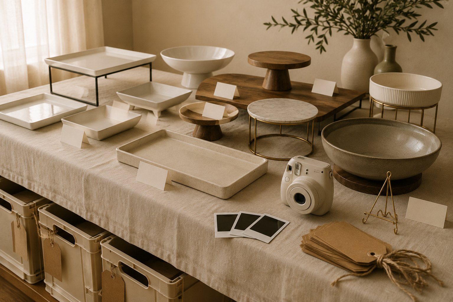 A buffet mockup staged with empty vessels and risers at varied heights, blank tent cards at each position, an instant camera and its prints for the record shot, kraft tags, and packed totes waiting underneath
