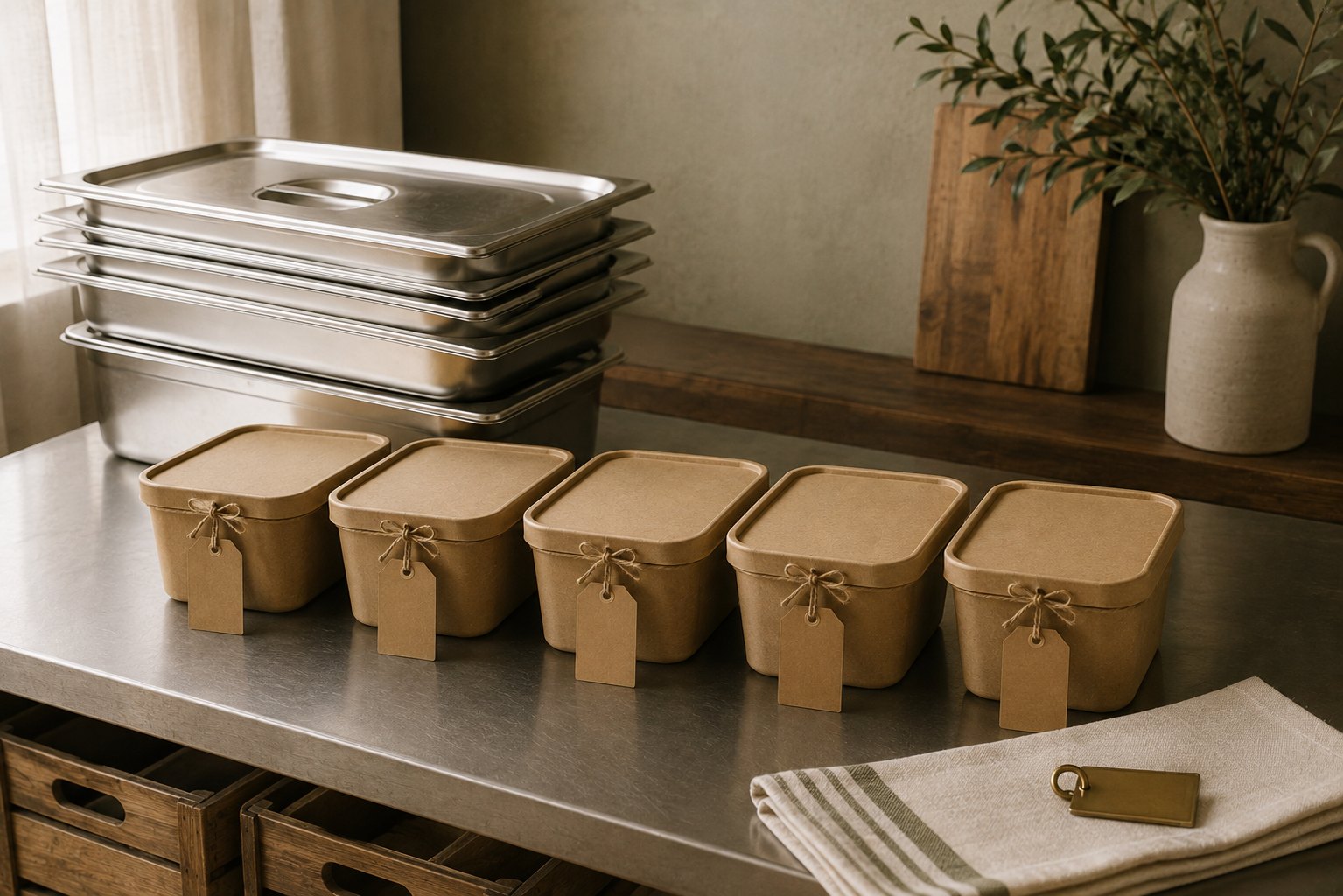 Five kraft containers tied with twine and hung with blank tags, lined up on a stainless prep counter beside a stack of emptied hotel pans, ready to be labelled and sent out