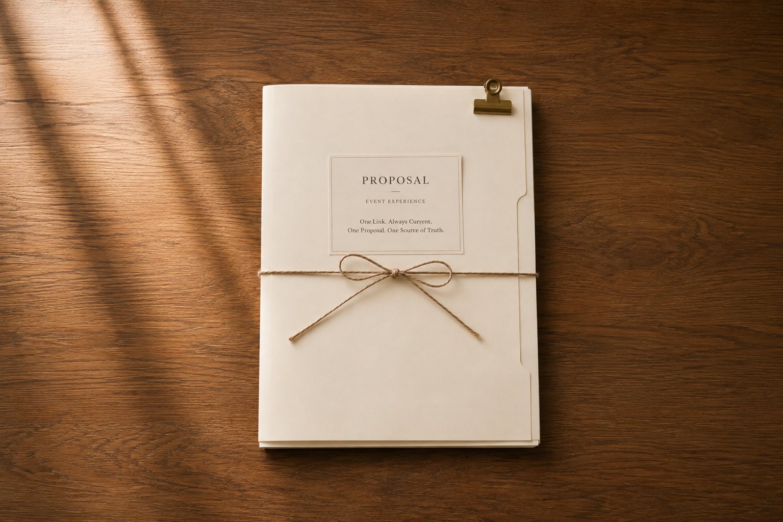 A single proposal folder tied with twine and held by a brass clip on a wood desk, its cover card reading One Link. Always Current. One Proposal. One Source of Truth.