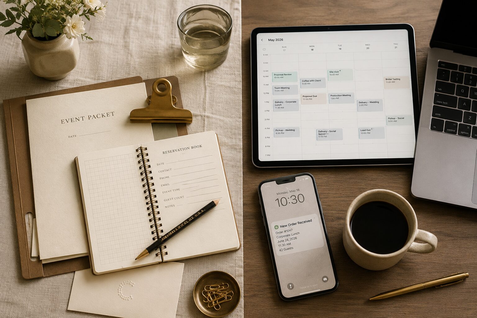 A catering event packet and reservation book beside a tablet event calendar and a phone showing a new online catering order