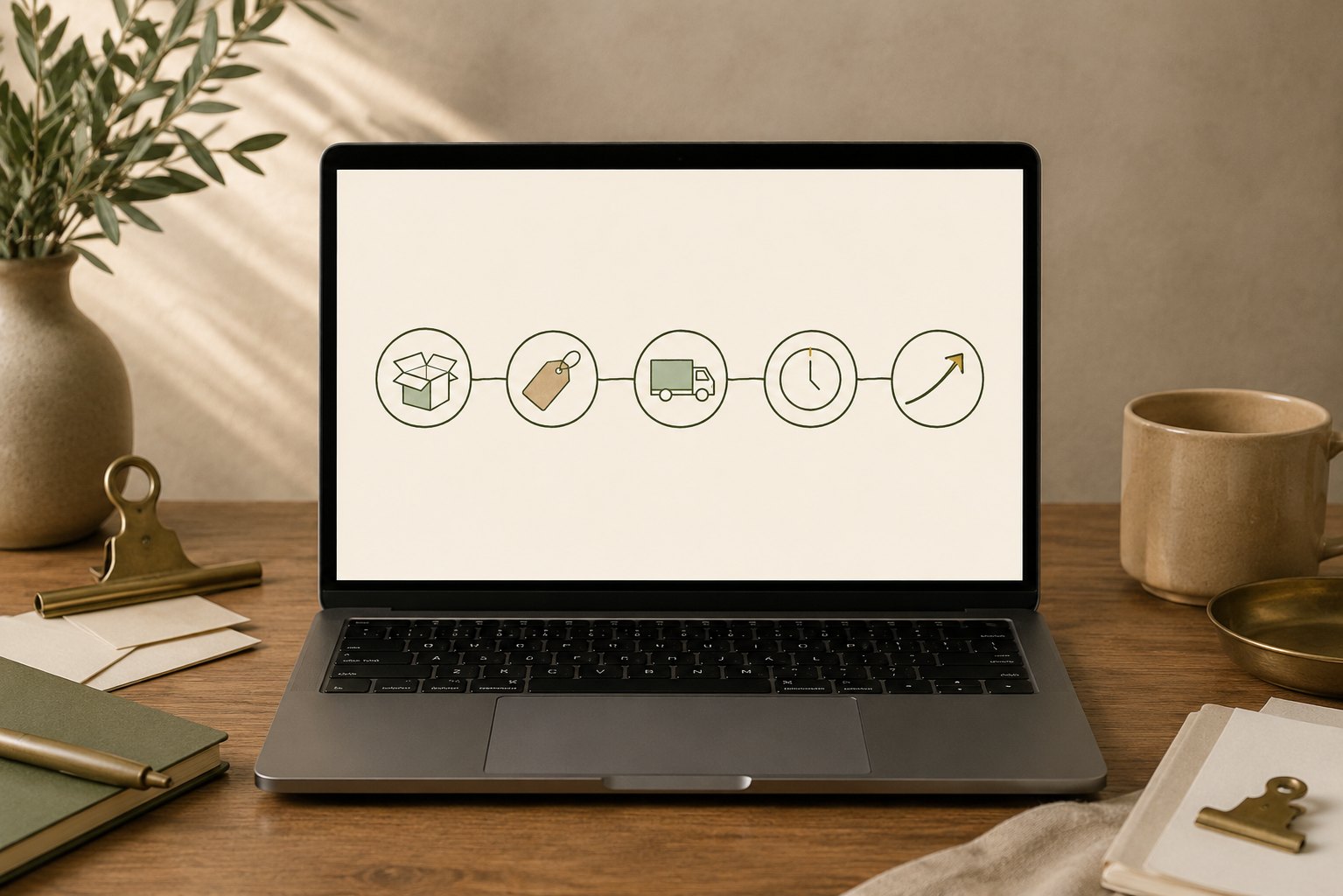 The five steps of the Click to Table Framework drawn as linked circles, package, price tag, delivery truck, clock, and rising arrow, shown on a laptop on a wood desk with a brass clip, notebook, and coffee