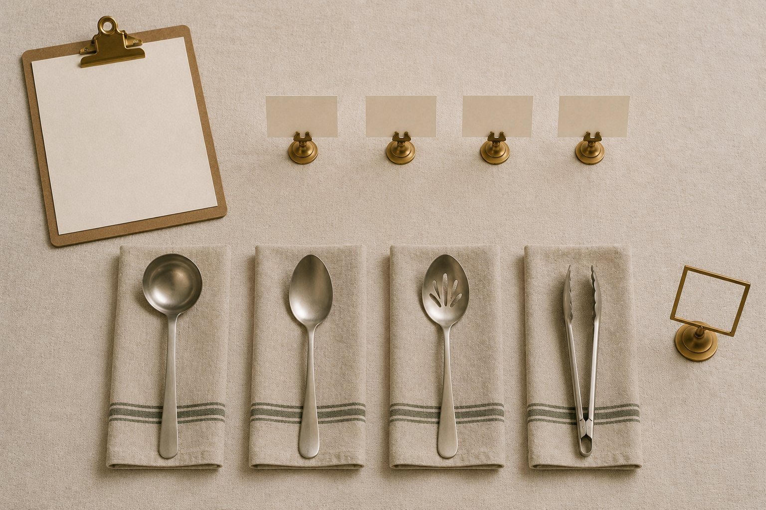 Blank place cards in brass holders above four folded napkins, each set with a different serving utensil, beside a blank clipboard, standing in for labelling and separating dietary options before service