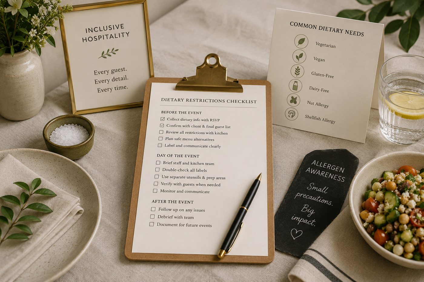 Menu cards and allergen labels marking dietary options at a plated place setting