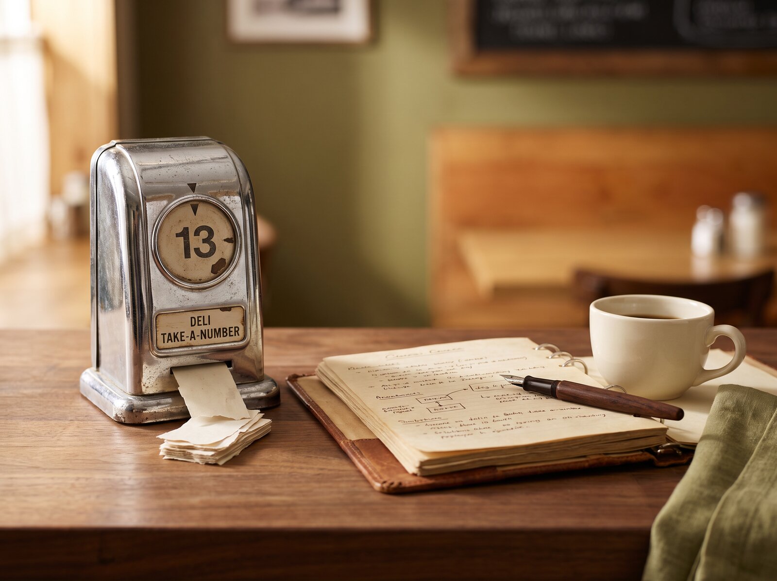 A vintage chrome deli take-a-number ticket dispenser beside a well-worn leather operations binder open to handwritten notes, a fountain pen, and a cup of coffee on a warm wood counter