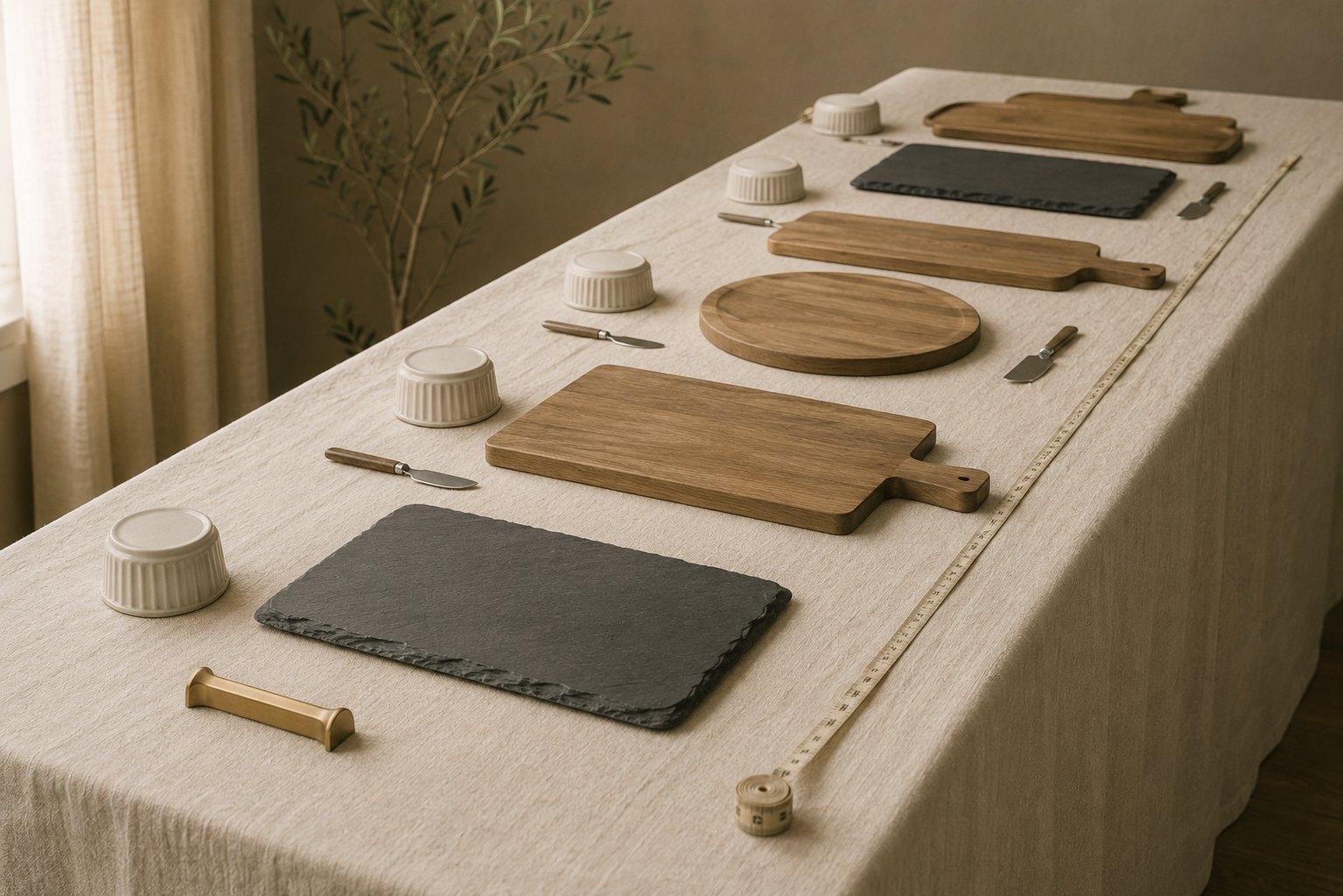 Grazing boards and slates in graduated sizes laid out with a measuring tape, cheese knives, and ramekins, ready to plan a board