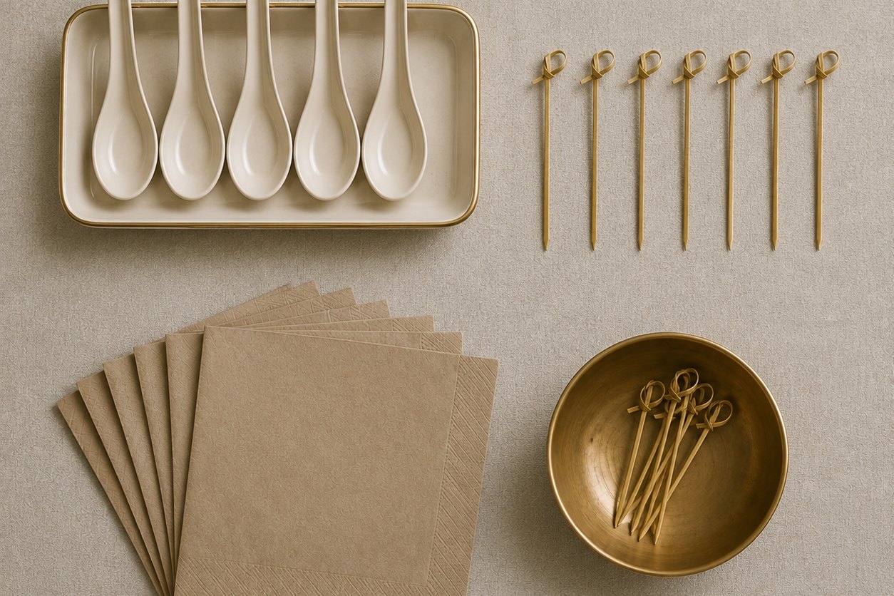 Passed service pieces counted out on linen: five empty tasting spoons lined up in a tray, seven knotted bamboo picks in a row, a stack of kraft cocktail napkins, and a brass bowl holding the spare picks