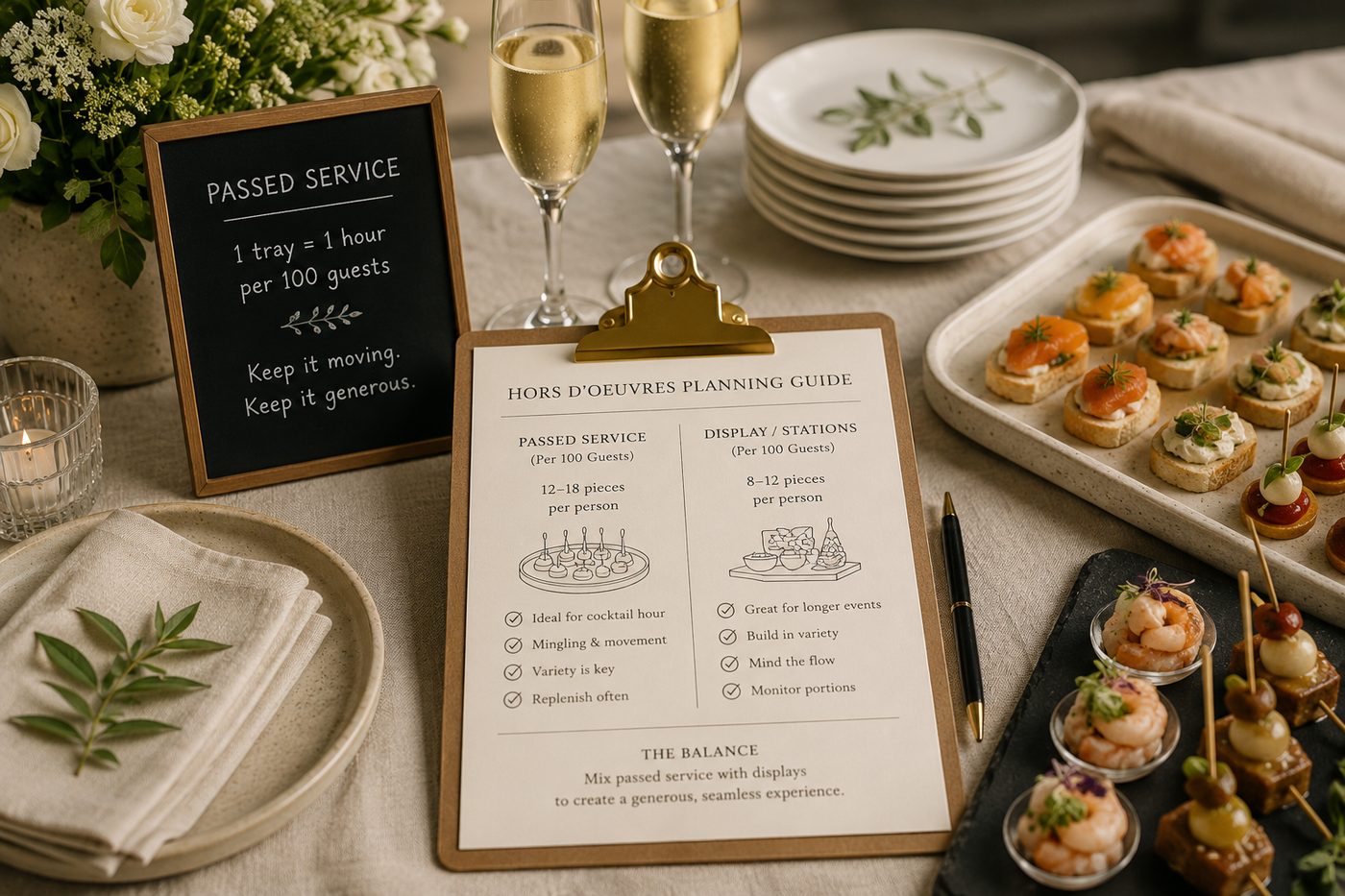 A tray of passed hors d'oeuvres beside a styled appetizer station on a linen surface