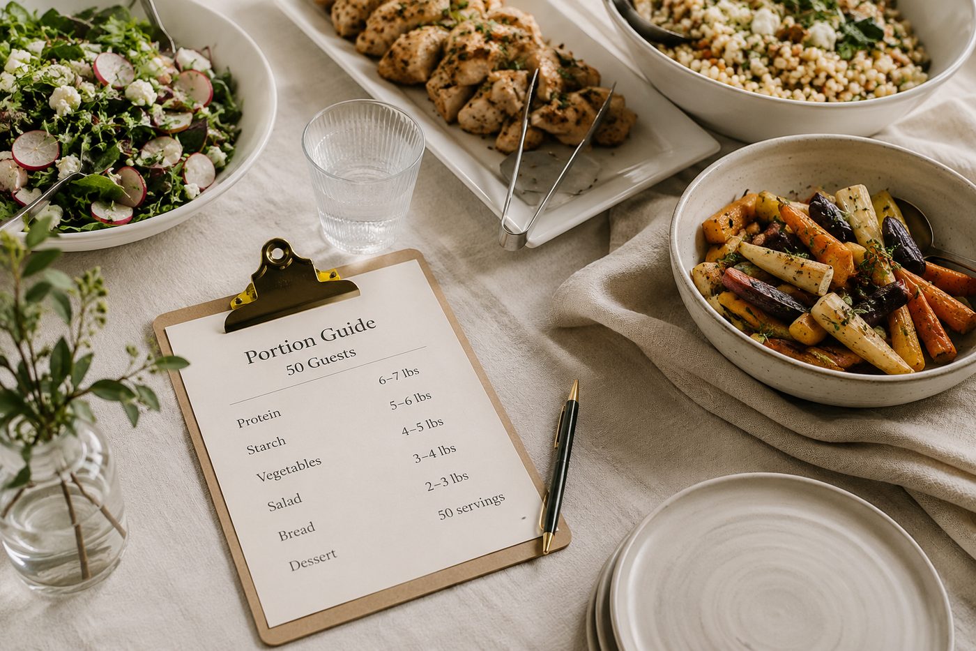 An open recipe and production guide, a banquet event order, and a floor plan on a warm desk