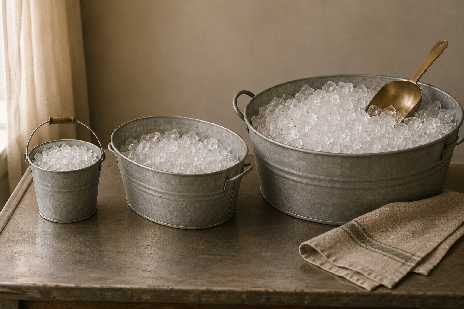 Three galvanized tubs of ice in ascending sizes with a brass scoop and a striped linen towel, standing in for scaling an ice order to the size of an event