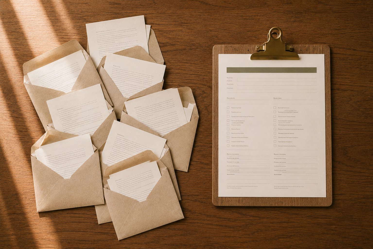A scatter of opened kraft envelopes each holding a differently written inquiry letter, beside one structured inquiry form on a clipboard with the same fields and checkboxes every time