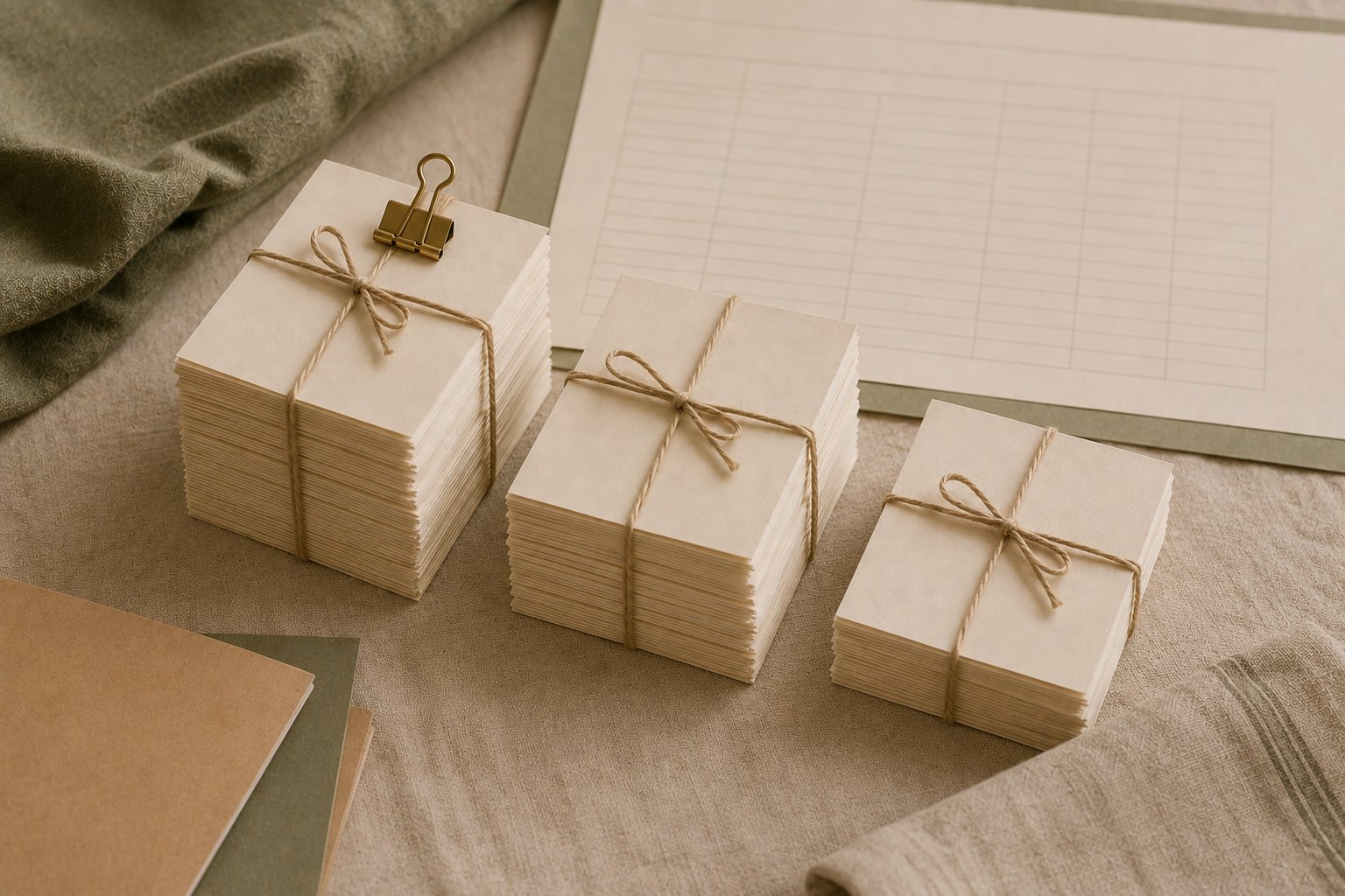 Three bundles of cards tied with twine in descending stack heights beside a ruled count sheet and a brass clip, standing in for individual meal selections sorted into an entree count