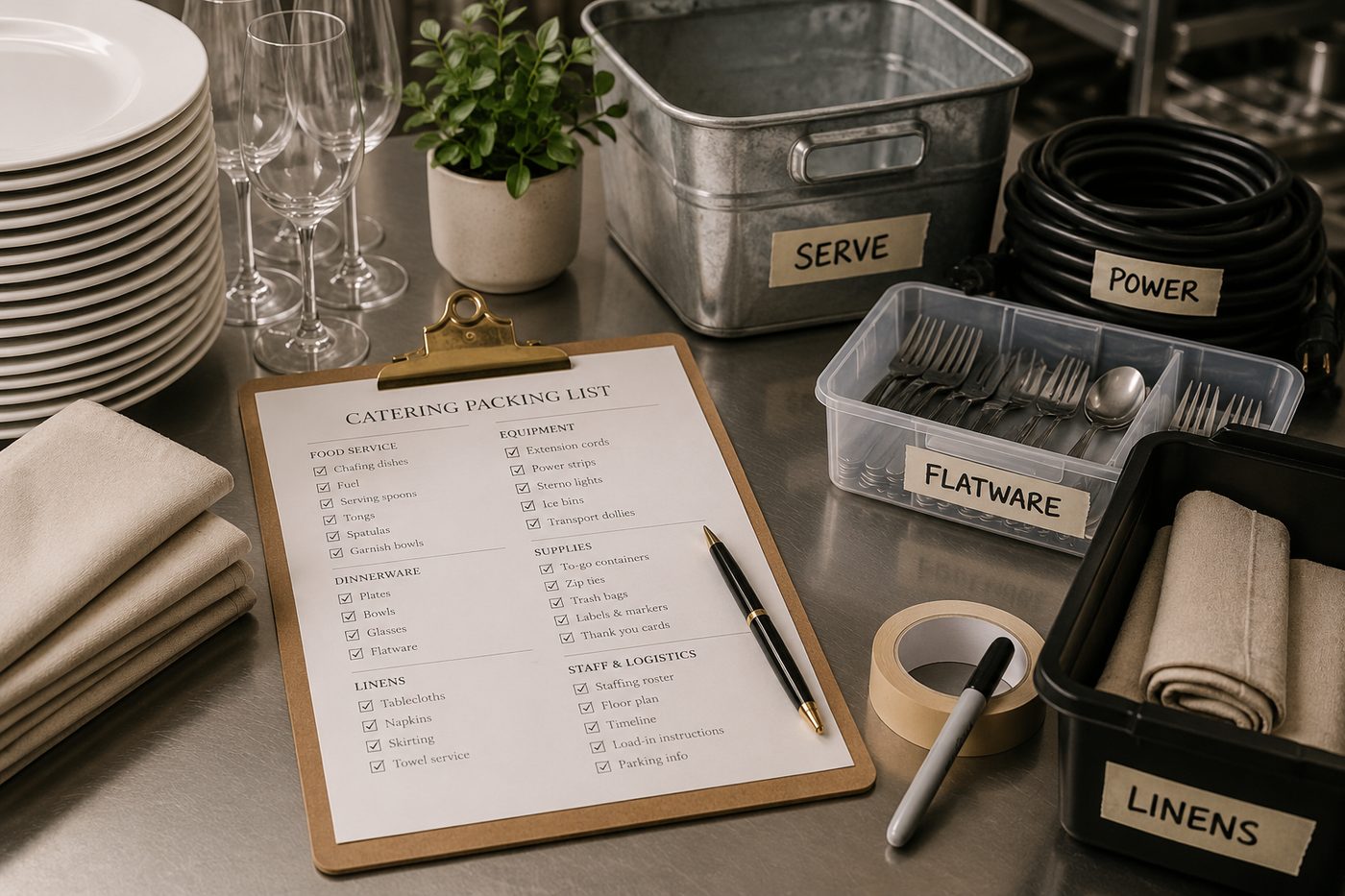 A catering packing checklist and load sheet on a clipboard beside stacked chafers and packed crates