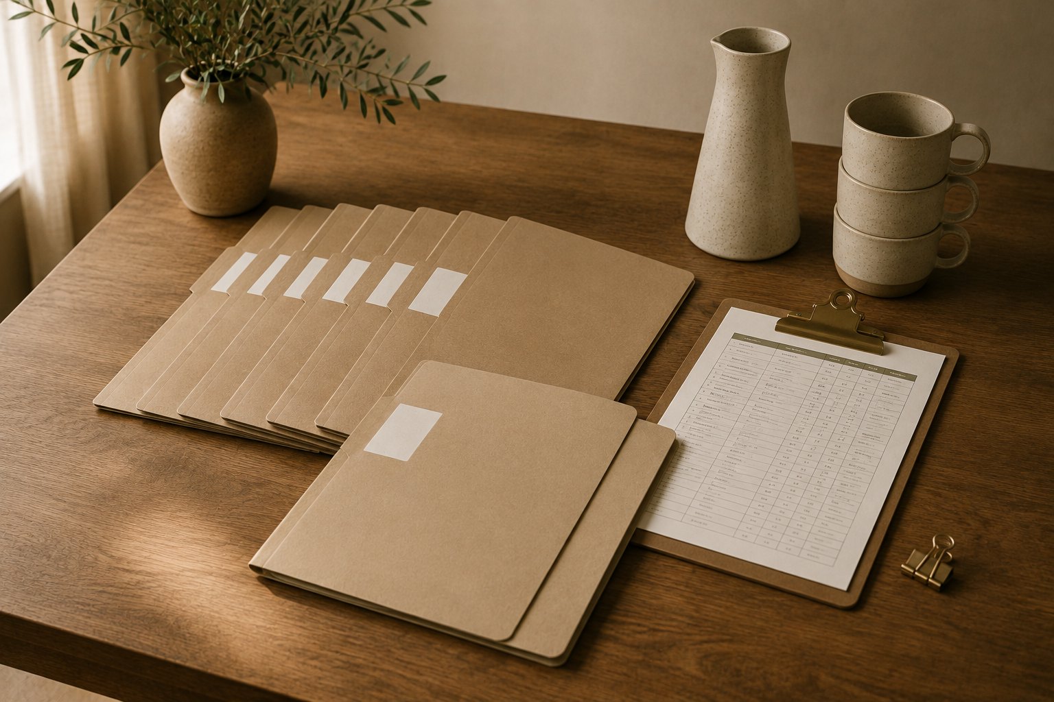 A fanned row of labelled kraft event folders, one pulled forward, beside a brass-clipped production schedule listing each event by date, and a stack of cups and a carafe set out for the meeting