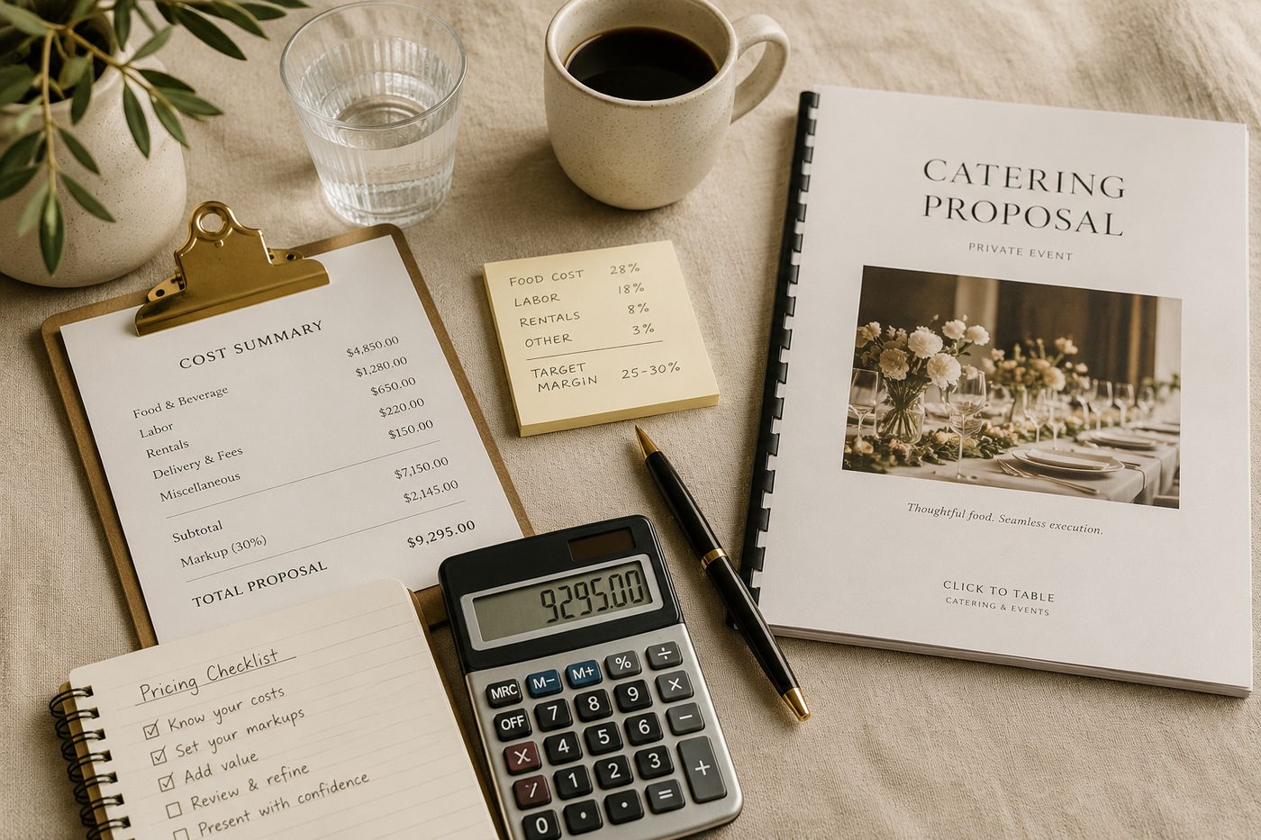 A printed catering proposal with menu, pricing, and terms beside a calculator and pen on a linen desk
