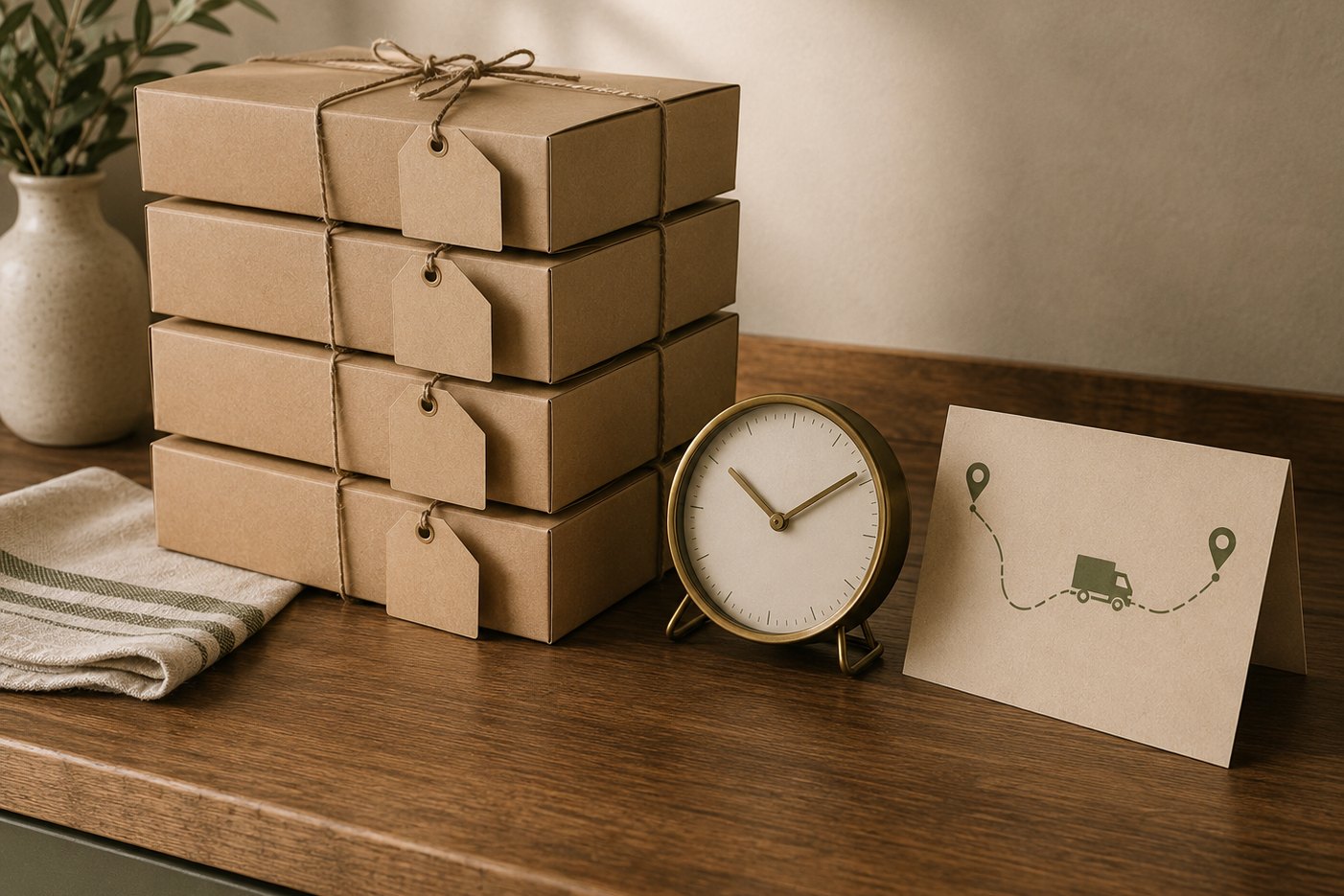 A stack of tied kraft delivery boxes with blank tags beside a brass desk clock and a card showing a delivery route between two map pins, standing in for orders, timing, and the drop