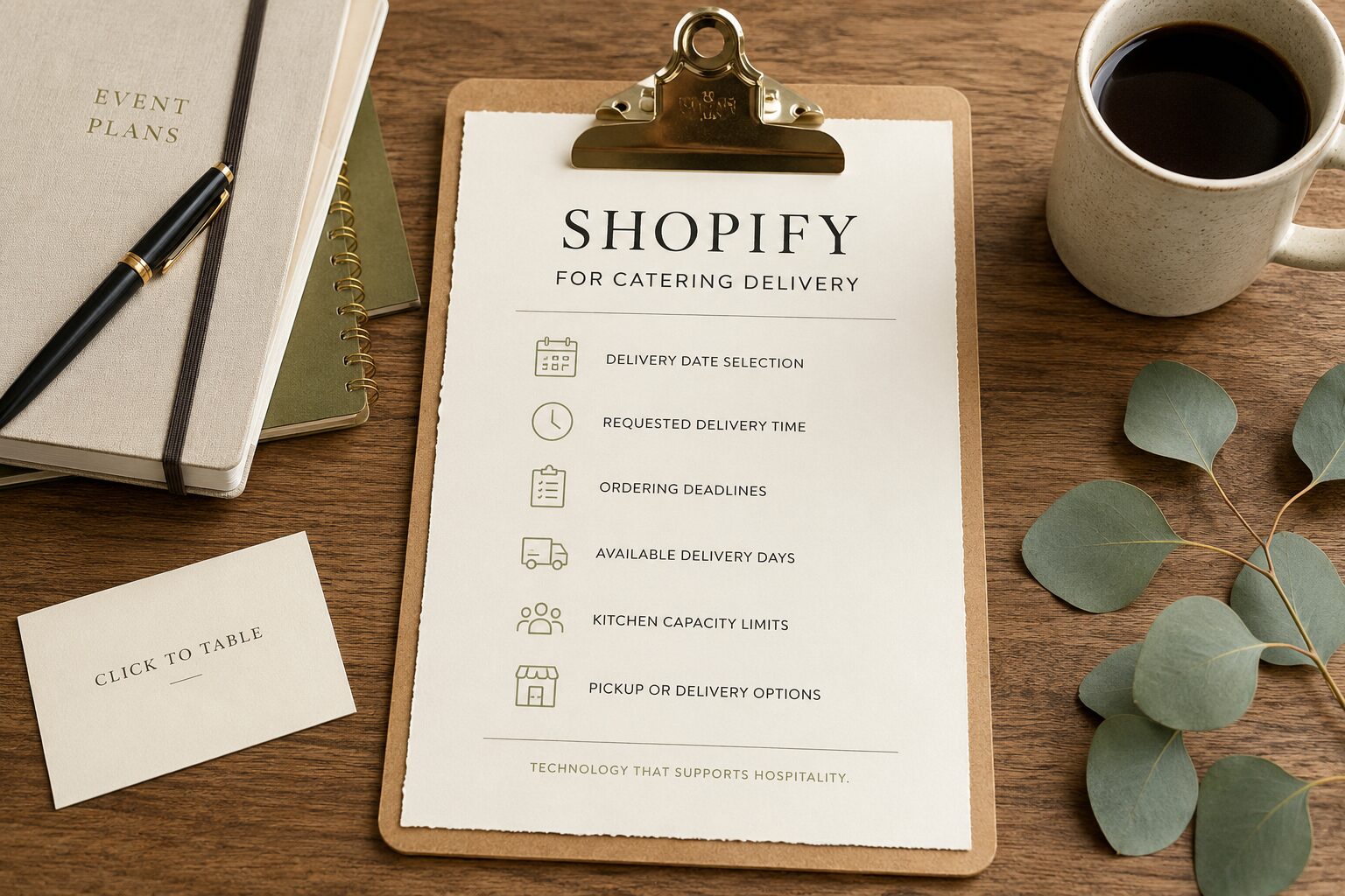A Shopify for Catering Delivery checklist on a brass-clipped board, listing delivery date, requested time, ordering deadlines, available days, capacity limits, and pickup or delivery options