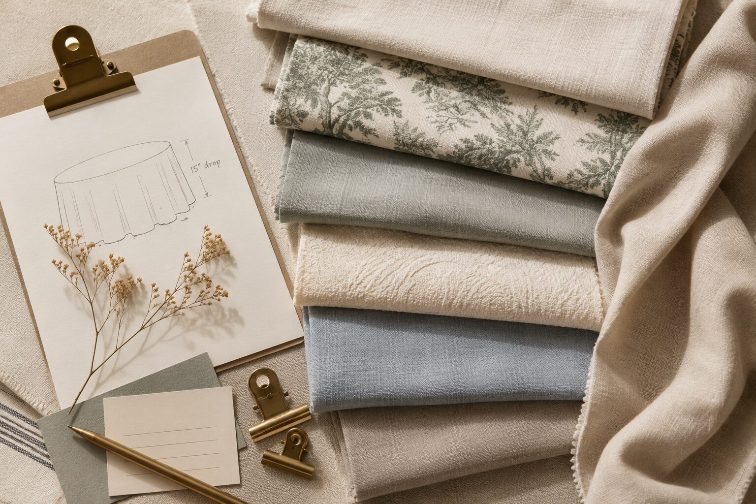 Event linen fabric samples and tablecloth sizing sketch for choosing tablecloth size and drop