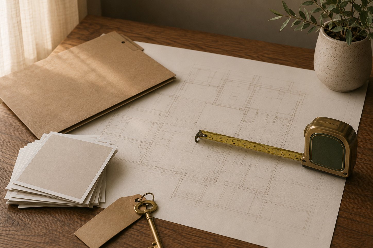 An architectural floor plan spread on a wood desk with a brass tape measure extended across it, a kraft clipboard, a stack of blank site photo prints, and a brass key on a kraft tag
