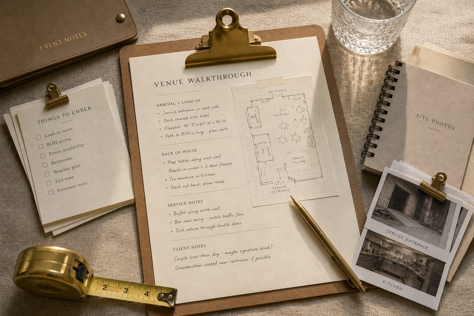 A venue walkthrough notes page on a clipboard with a hand-drawn floor plan, measuring tape, brass pen, and site photos