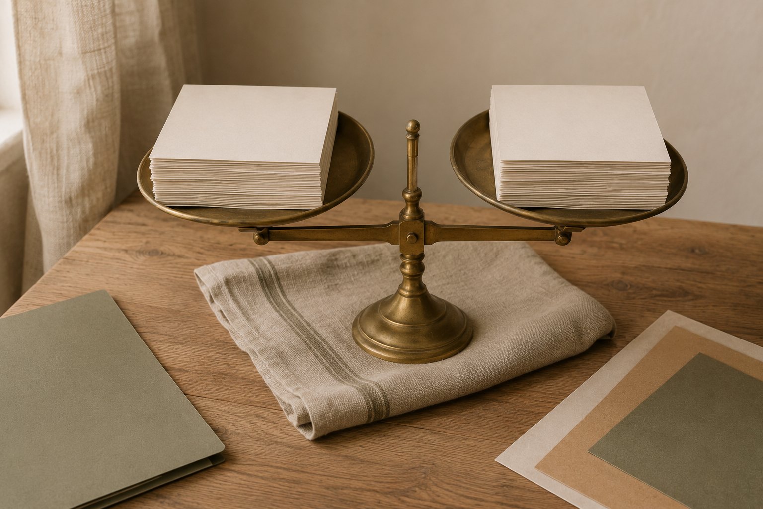 A brass balance scale on a linen cloth holding an evenly matched stack of paper on each pan, standing in for two comparable options weighed against each other