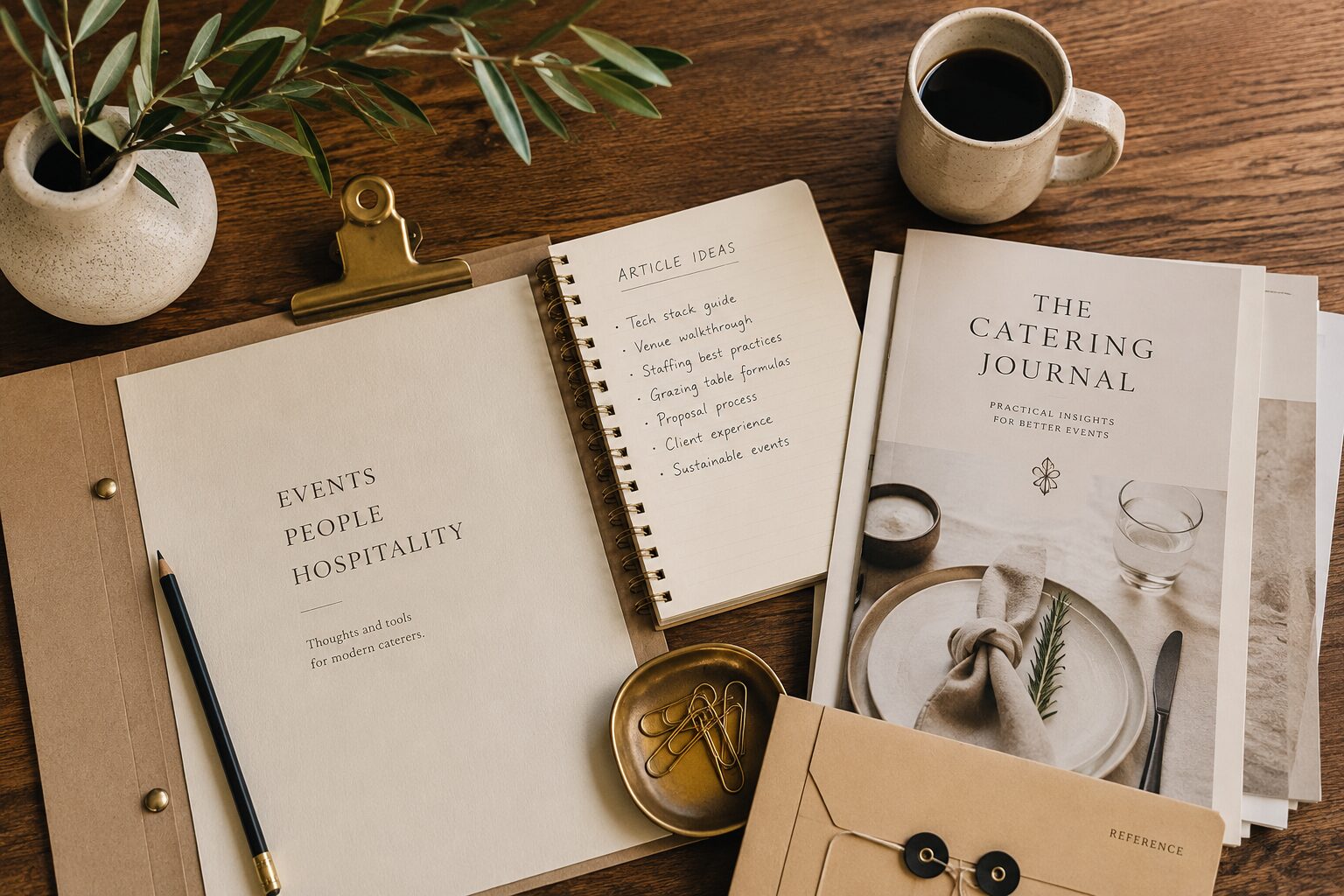 A catering journal and notebook of article ideas on a linen-draped wooden table with an olive sprig, brass clips, and coffee