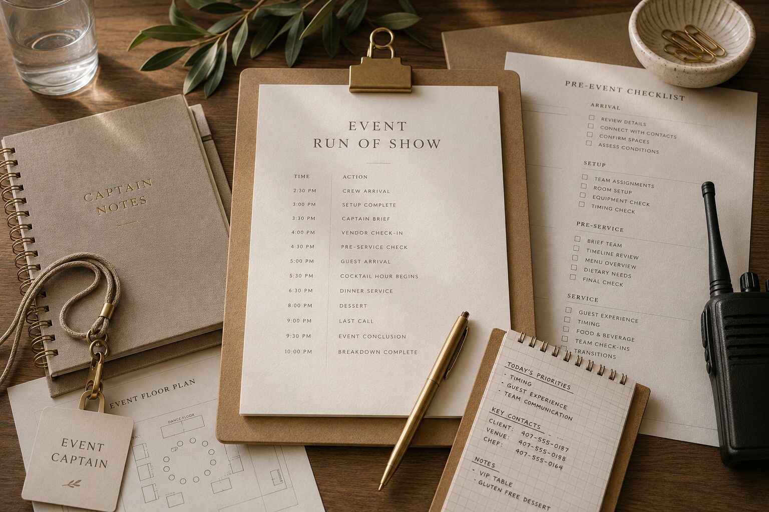 An event captain's clipboard, run of show, checklist, lanyard, and radio on a linen desk