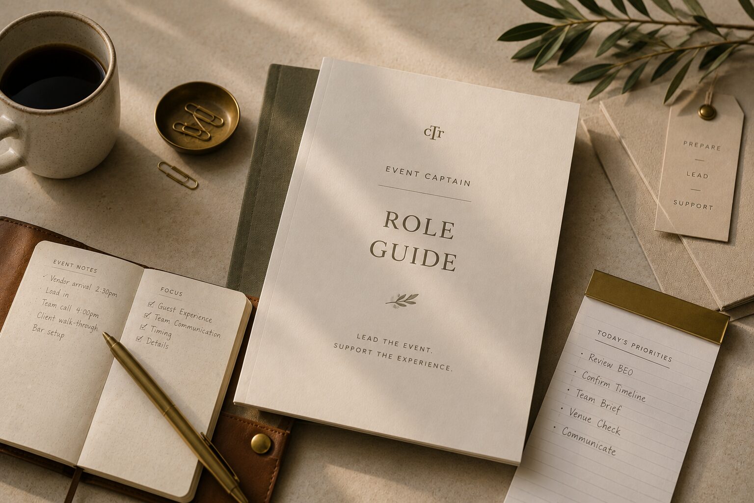 An Event Captain Role Guide booklet reading Lead the event, support the experience, beside a notebook of event notes, priorities, and a brass pen