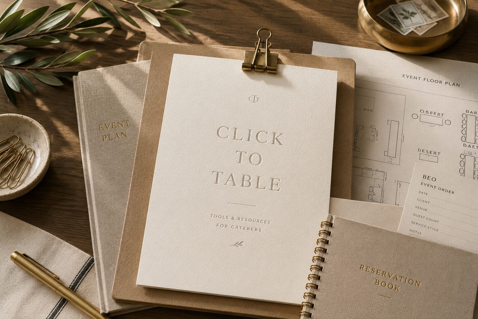 An embossed Click to Table card reading Tools & Resources for Caterers, held by a brass clip on a linen desk beside an olive sprig, an event floor plan, and a reservation book