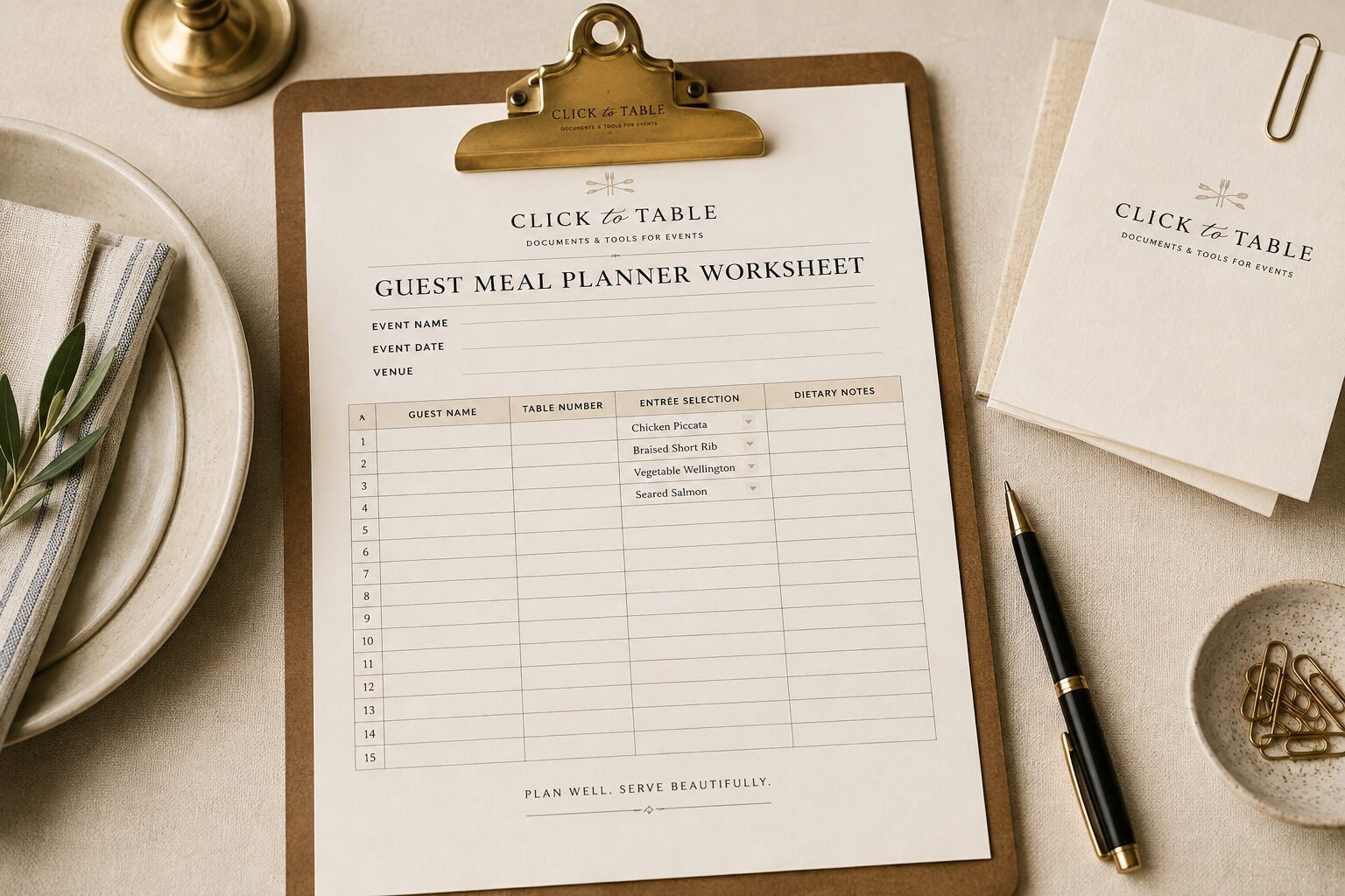 A Click to Table Guest Meal Planner worksheet on a brass-clipped board beside a place setting and a brass pen