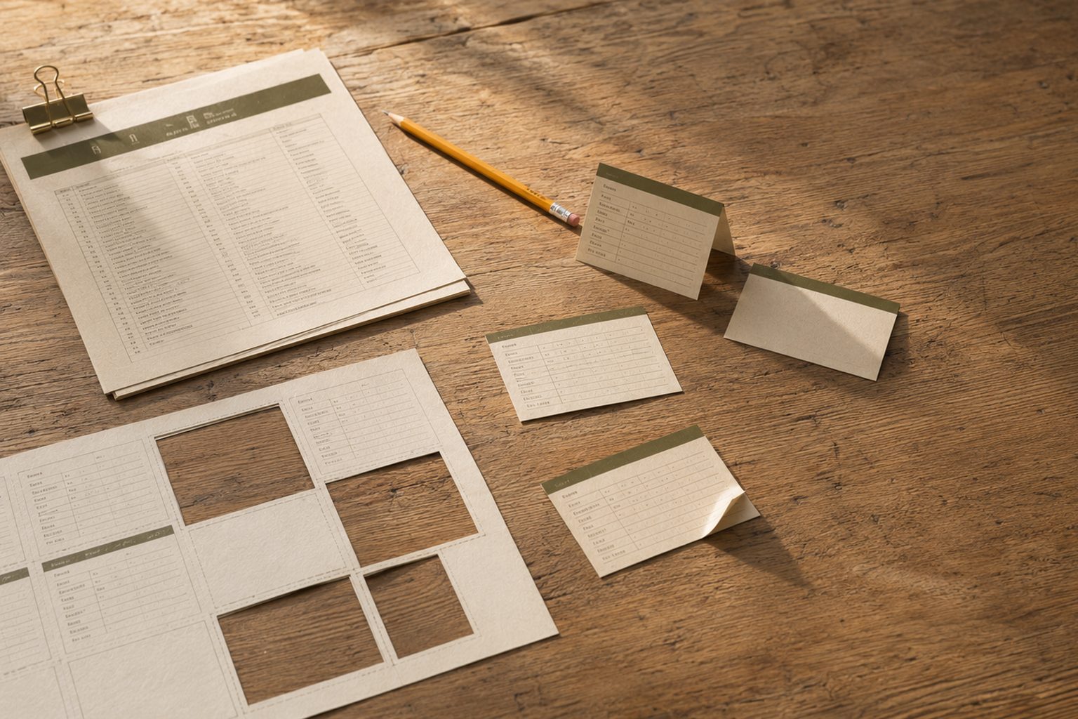 Printed buffet tent cards on a wooden prep table, some folded into tents and some still flat, beside a clipboard of menu sheets and a cut-and-fold guide