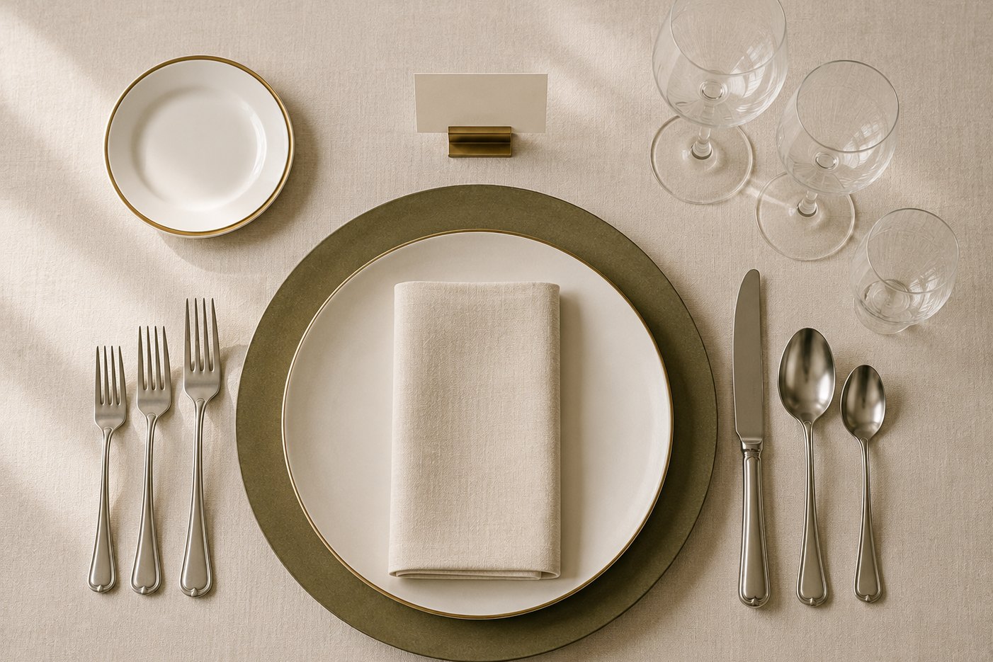 A formal place setting seen from above on linen: charger, dinner plate, folded napkin, bread plate, blank place card in a brass holder, three forks to the left, knife and two spoons to the right, and three glasses above